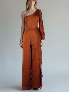 Foxiedox One Shoulder Satin Jumpsuit Warm Brown Copper Wide Leg Medium